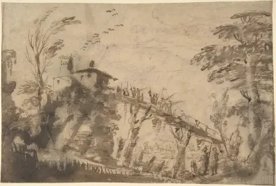 Landscape with Figures Crossing a Bridge (recto); Study of a Nude Male, Study of Legs, Study of Head in Profile to the Right (verso)