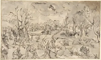 Landscape with Figures Trimming Trees, an Allegory of the Month of March; Verso: Mountainous Landscape with Two Men Crossing a Bridge