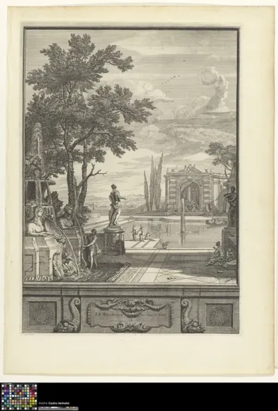 Landscape with fountain and pond