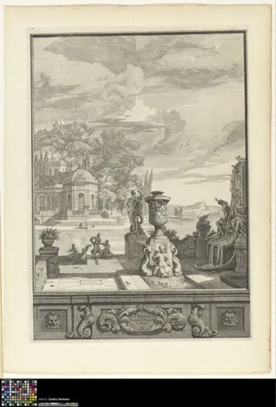 Landscape with fountains and pond