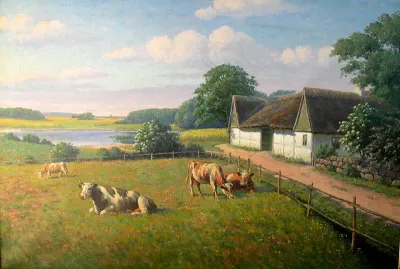 Landscape with grazing cows.da= Landskab med græssende køer.