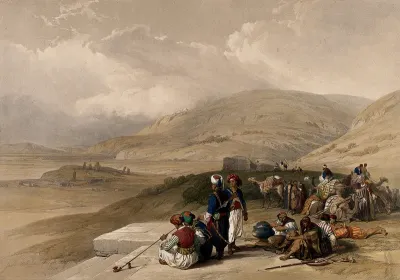Landscape with group of figures with camels at the site of the well of Jacob, Shechem