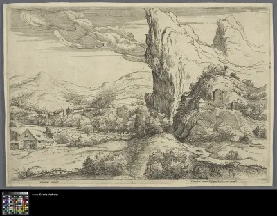 landscape with high cliffs and a cottage