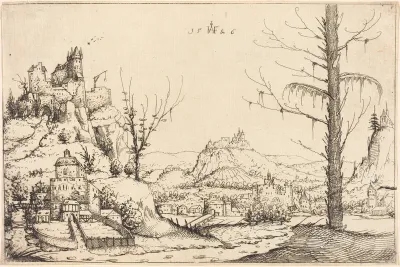 Landscape with High Cliffs, River, and City