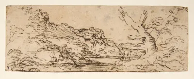 Landscape with hills and a lake, trees in right foreground.