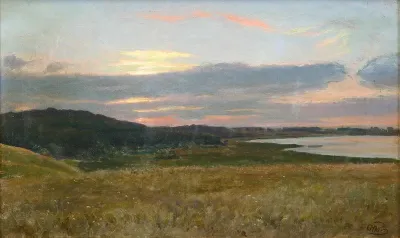 Landscape with inlet at sunset.