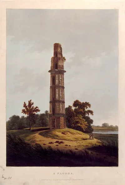 Landscape with pagoda, India