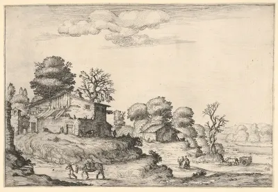 Landscape with peasant dwellings and a man leading a horse in the left foreground, from a series of landscapes dedicated to the Grand Duke of Tuscany