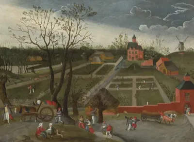 Landscape with Peasants Walking Along a Road with Horse Drawn Carts and others planting in the garden of a large manor house