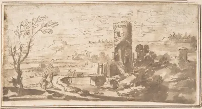Landscape with Round Tower and Figures Crossing a Bridge