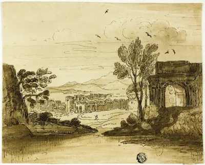 Landscape with Ruined Arch near Water, and Mountains in Distance