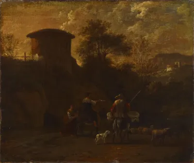 Landscape with ruins and a family herding cattle
