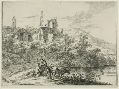 Landscape with Ruins and Two Cows at the Waterside, from a series of four horizontal Roman Landscapes