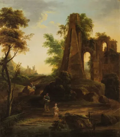 Landscape with ruins and wayfarers