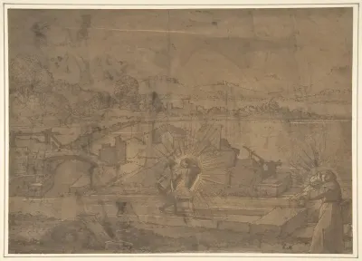 Landscape with Saint Christopher and Male Monastic Saint (recto); Victory Crowning a Warrior, and Two Other Figures (verso)
