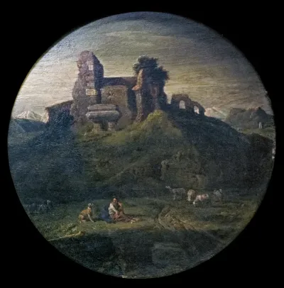 Landscape with shepherdess and tomb in ruins