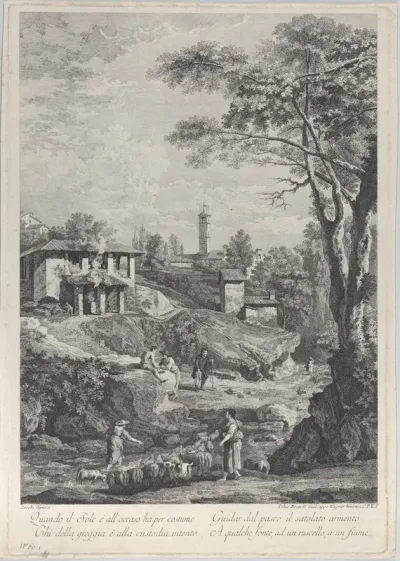 Landscape with shepherds, houses and a tower in the distance