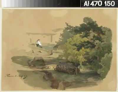 Landscape with Shingle Basket and Woman Sitting