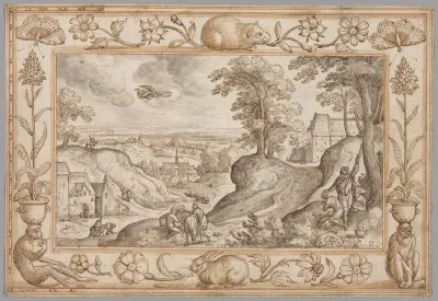 Landscape with the Sacrifice of Isaac within a Decorative Border of Plants and Animals
