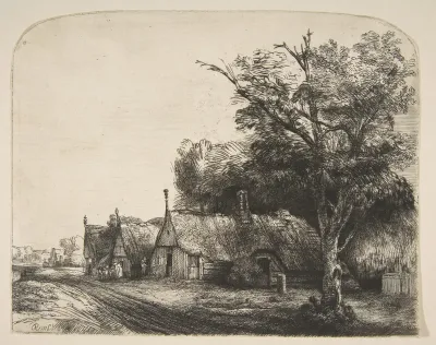 Landscape with Three Gabled Cottages Beside a Road — Rembrandt (Rembrandt van Rijn) Kanvas Tablo