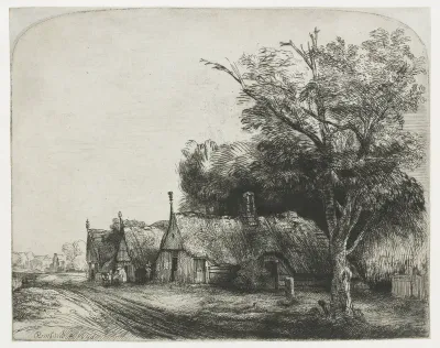Landscape with three gabled cottages beside a road