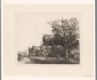 Landscape with three gabled cottages beside a road