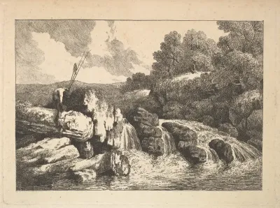 Landscape with Two Fishermen Climbing Rocks Next to a Waterfall