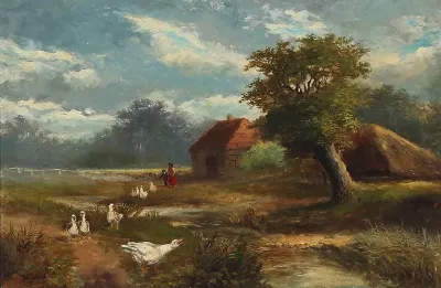 Landscape with two girls watching geese