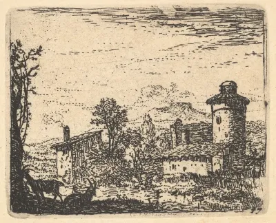 Landscape with two horned goats in shadow at left foreground, village buildings beyond, from "The Small Landscapes"