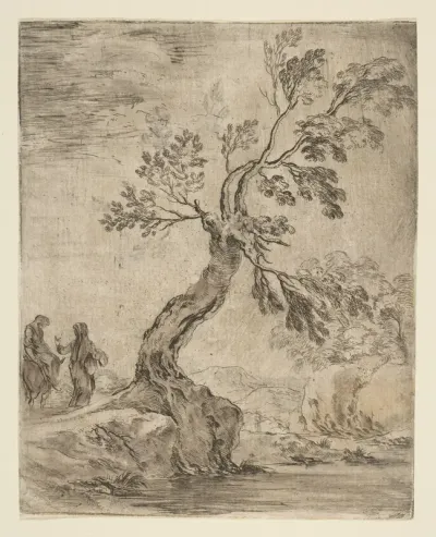 Landscape with two women, one mounted on a donkey