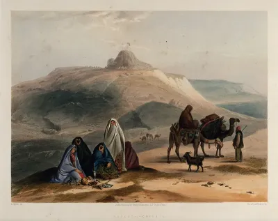Landscape with veiled women and camels, Kalat-i-Ghilzai, Afghanistan