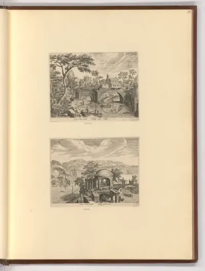 Landschaft mit Brückenruine; Flußlandschaft mit Tempelruine