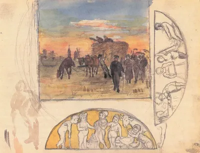 Landschaft mit Heuernte und zwei Frieskompositionen