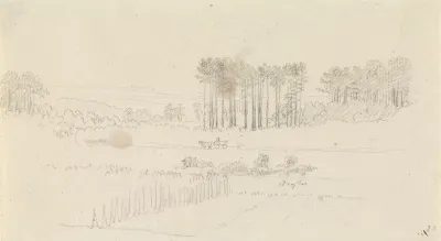 Landschaft mit hohen Kiefern und Pferdewagen