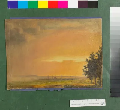 Landschaft mit Kirchtürmen im Morgen- oder Abendrot