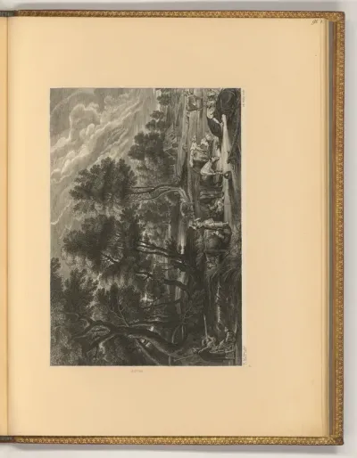 Landschaft mit Kühen beim Melken und Jagdszene