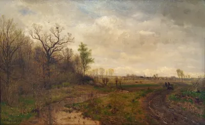 Landschaft mit Pferdefuhrwerk und Bach