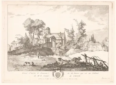 Landschap aan de rand van een dorp, op de voorgrond twee koeien