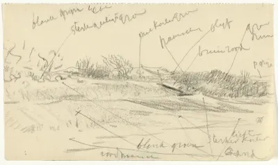 Landschap aan de voet van een heuvel, met kleurnotities