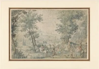 Landschap bij Brussel met hertenjacht