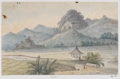 Landschap bij Cibodas met brug en paviljoen, West-Java