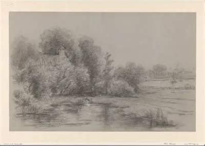 Landschap bij een buiten, op de voorgrond een vijver