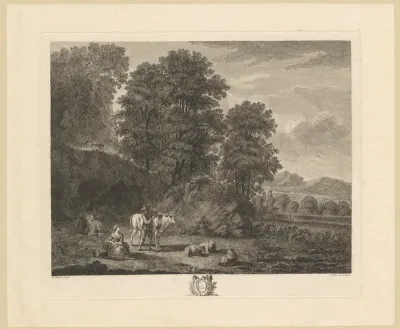 Landschap bij een rivier met herder, herderin, twee koeien en drie schapen