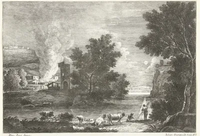Landschap bij maanlicht met brand
