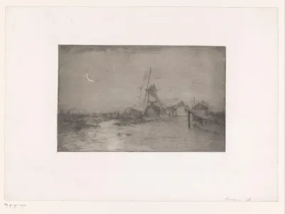 Landschap bij maanlicht met windmolen en enkele gebouwen aan een meer