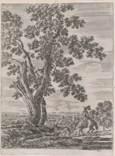 Landschap bij Rome met bomen en vrouw te paard