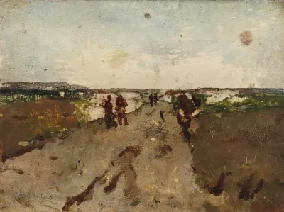 Landschap bij Waalsdorp met soldaten op manoeuvre