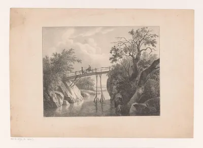 Landschap in de Ardennen met figuren en ezel op een houten brug