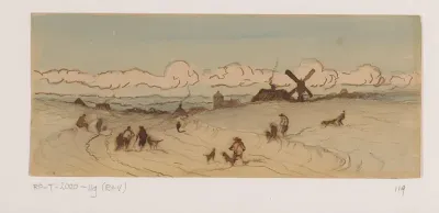 Landschap in de duinstreek met jagers en honden