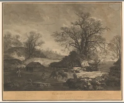 Landschap in de sneeuw met boerenwoning en bevroren vijver